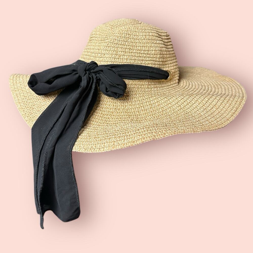 Loft Straw Floppy Hat Black Ribbon Sun Hat Beachy Wide Brim